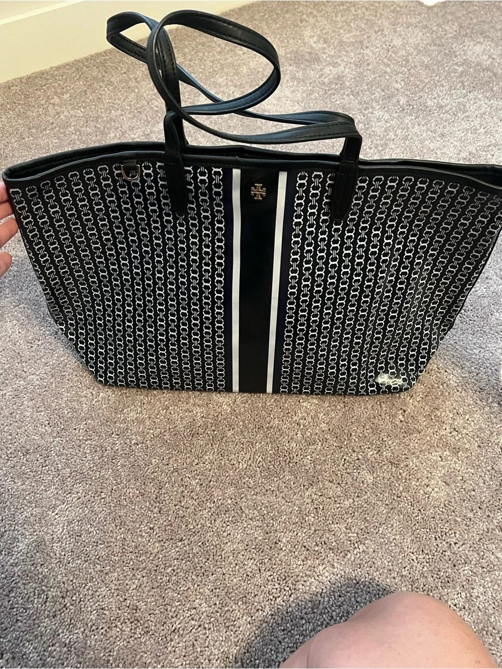 Tory Burch Black Logo-Print Patent Stripe Tote
